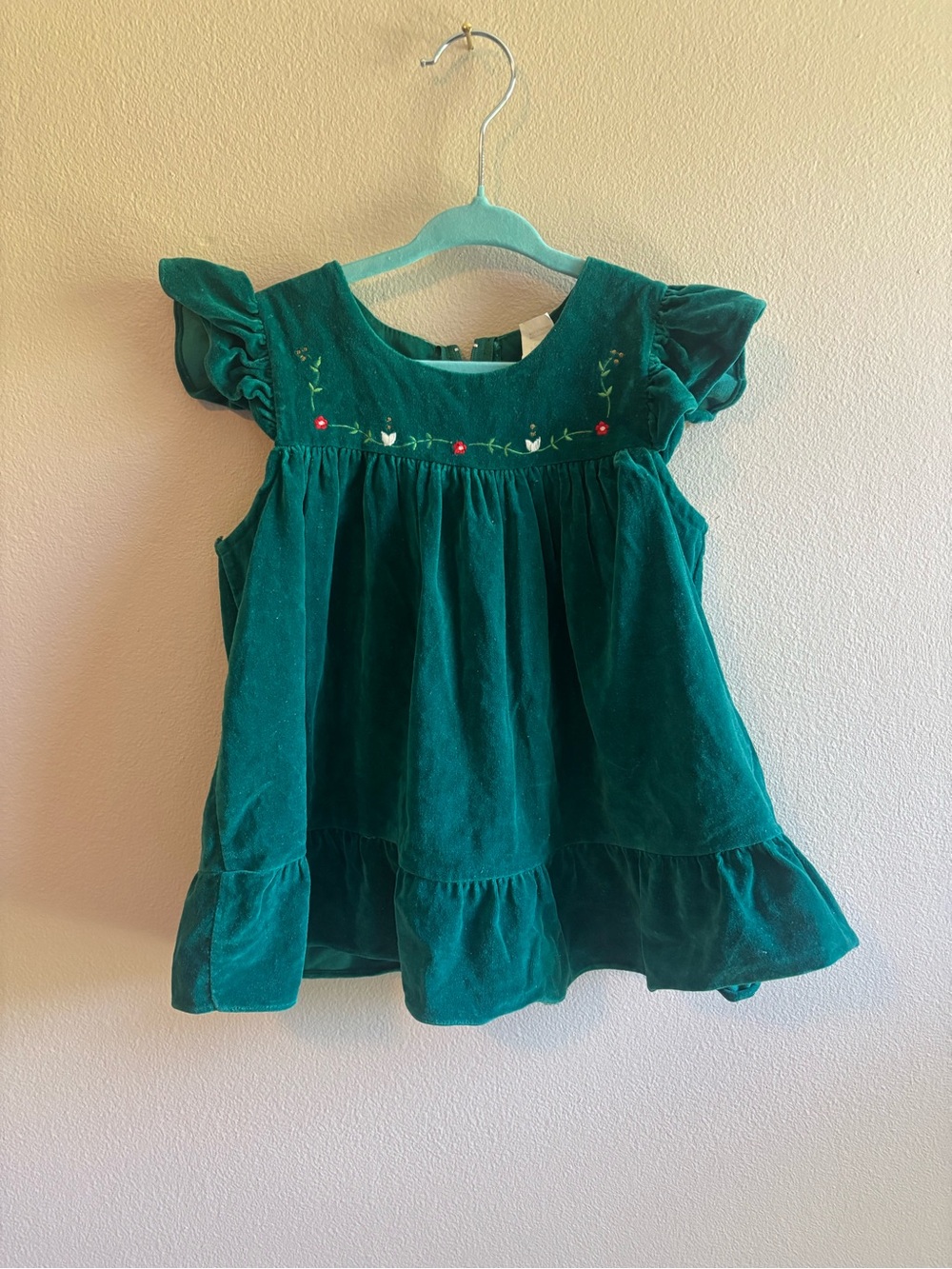 Vintage Girls Green Velvet Ruffle Dress with Embroidered Floral Yoke
